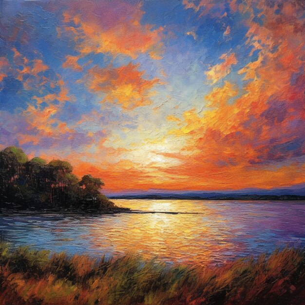obraz zachodu słońca nad jeziorem z łodzią w wodzie generatywnej ai