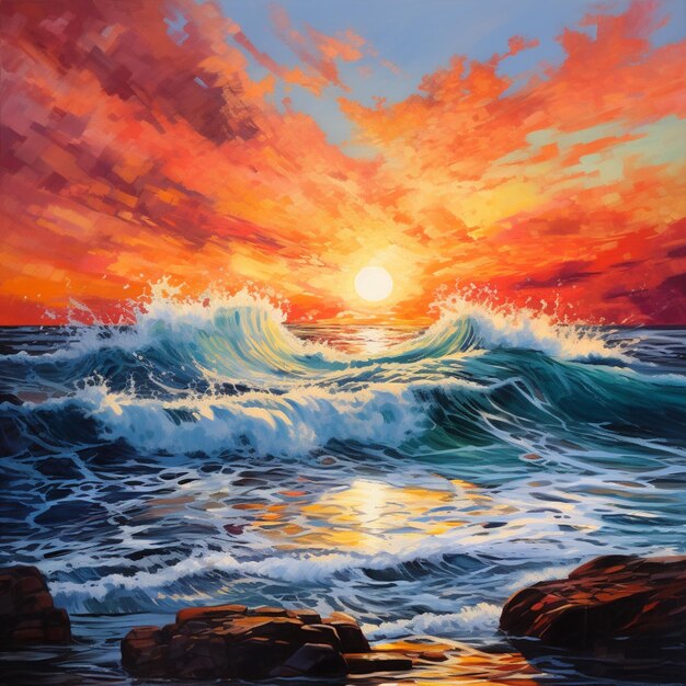 Obraz zachodu słońca nad oceanem z uderzającymi się falami generatywny ai