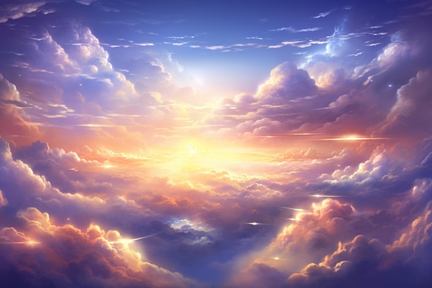 obraz zachodu słońca z chmurami i samolotem latającym na niebie generatywny ai