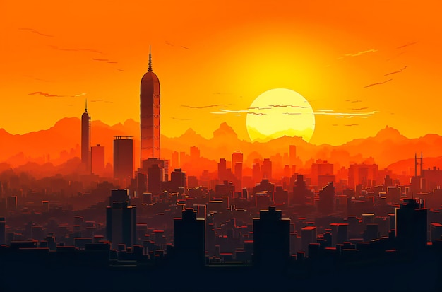 Zdjęcie obraz zachodzącego słońca nad miastem