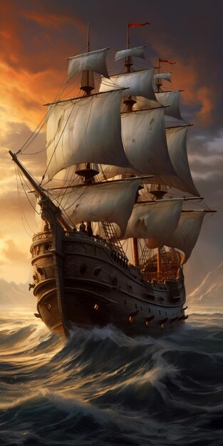 Obraz żaglowego statku na oceanie przy zachodzie słońca generatywny ai