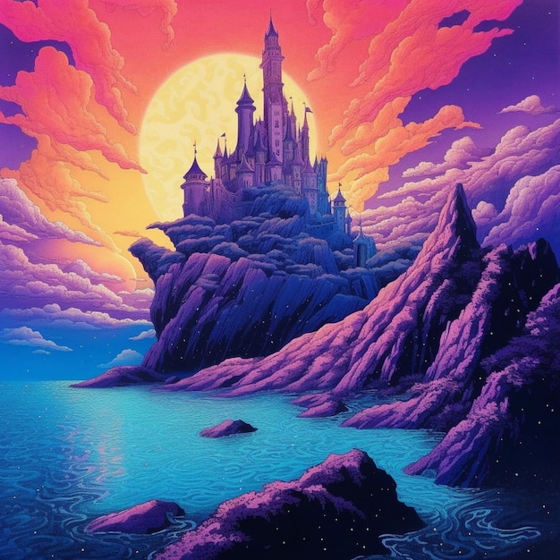 Obraz zamku na klifie z widokiem na wodę generującą ai
