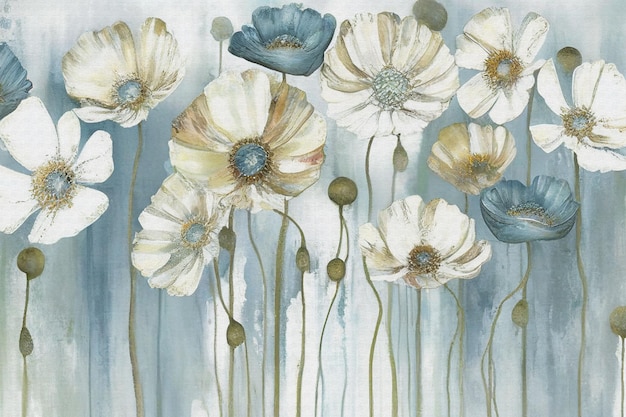 Obraz zawilce z niebieskimi i białymi kwiatami.