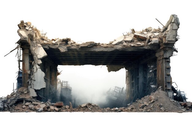Zdjęcie obraz zburzonego budynku z hydrantem przeciwpożarowym przed nim obraz ten może być używany do przedstawienia zniszczenia urbanistycznego lub następstw pożaru