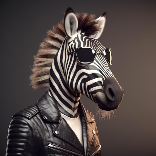 Obraz zebry noszącej okulary przeciwsłoneczne i czarną skórzaną kurtkę na czystym tle Dzikie zwierzęta Ilustracja Generatywna AI