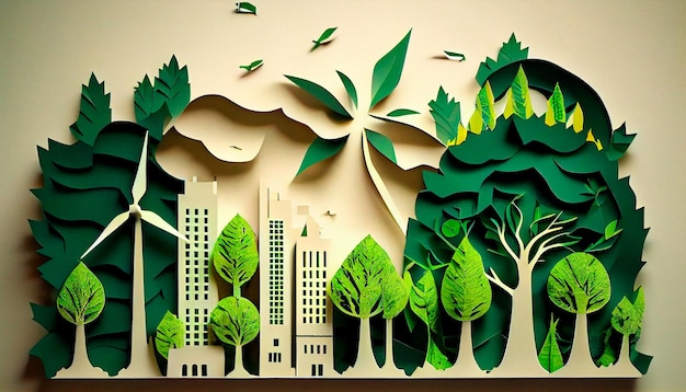 Obraz zielonego liścia w stylu sztuki papierowej z drzewami sylwetki budynków miejskich wiatraki i panele słoneczne ochrona ekologii pomysł na zieloną energię Generative Ai