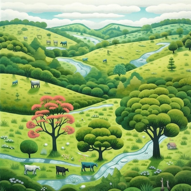 obraz zielonego pagórkowatego krajobrazu z krowami pasącymi się na pastwisku generatywnym ai