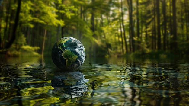 Obraz Ziemi pokazujący jej odbicie w wodzie na skraju lasów