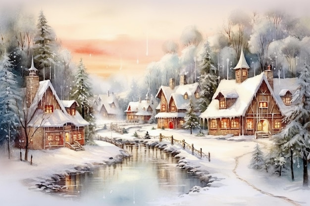 Obraz zimowej sceny wioski z strumieniem i kościołem generatywny ai