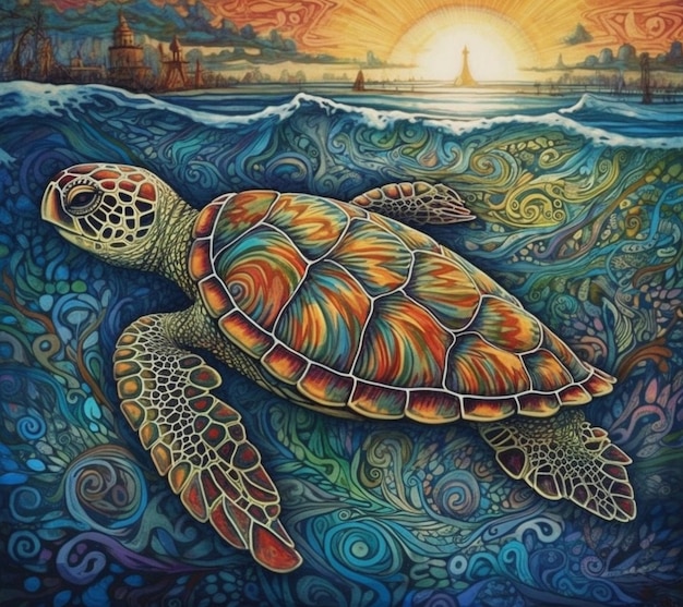Obraz żółwia pływającego w oceanie.