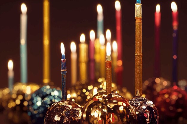 Obraz żydowskiego święta Chanuka w tle z menorą i płonącymi świecami