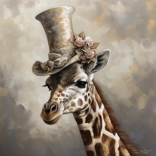 Obraz żyrafy noszącej czapkę z kwiatami na niej generatywny ai