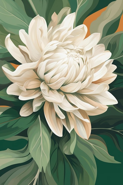 obrazek przedstawiający biały kwiat z zielonymi liśćmi