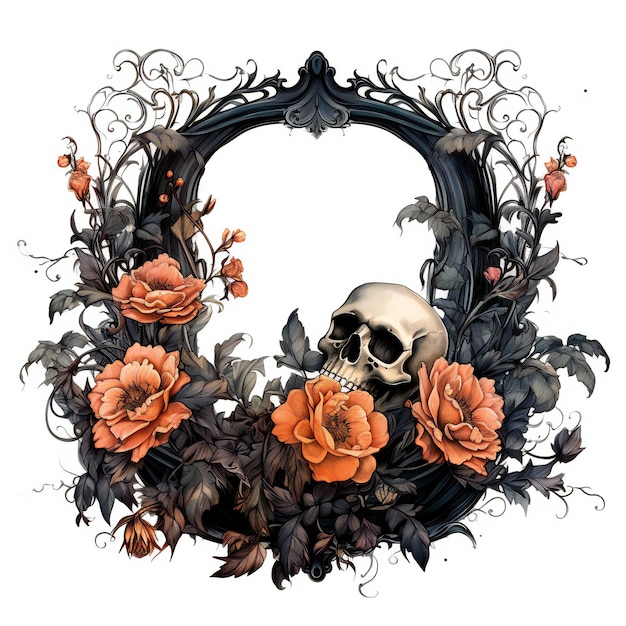 obrazek przedstawiający czaszkę i kwiaty ze zdjęciem przedstawiającym czaszkę i liście.