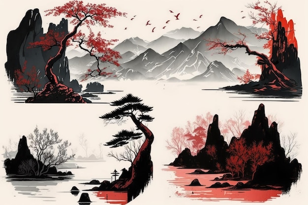 Obrazy chińskich krajobrazów wykonane tuszem