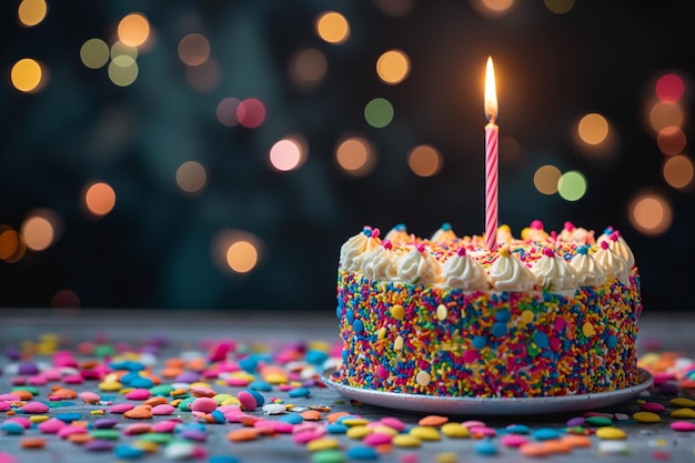 Obrazy z okazji urodzin Uroczysty tort urodzinowy z zapalonymi świeczkami i kolorowymi posypkami