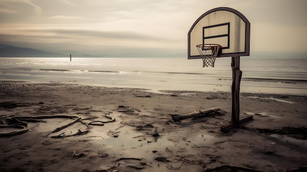 Obręcz do koszykówki na plaży z pochmurnym niebem w tle.