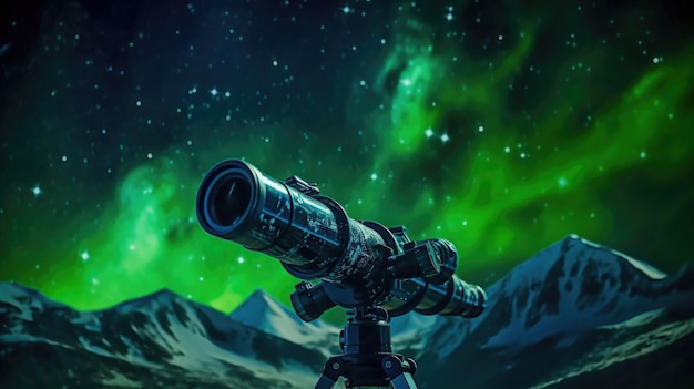 Zdjęcie obserwacja światła niebieskiego i zorzy północnej za pomocą teleskopu