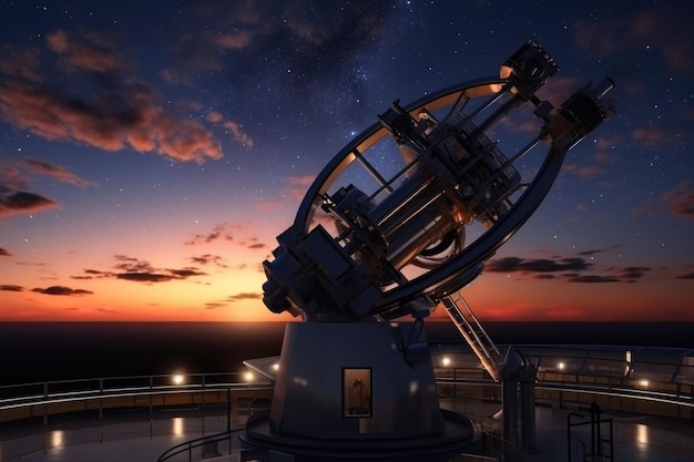 Obserwatorium astronomiczne na pokładzie statku wycieczkowego 3d render Duży teleskop astronomiczny pod zmierzchem gotowy do obserwacji gwiazd