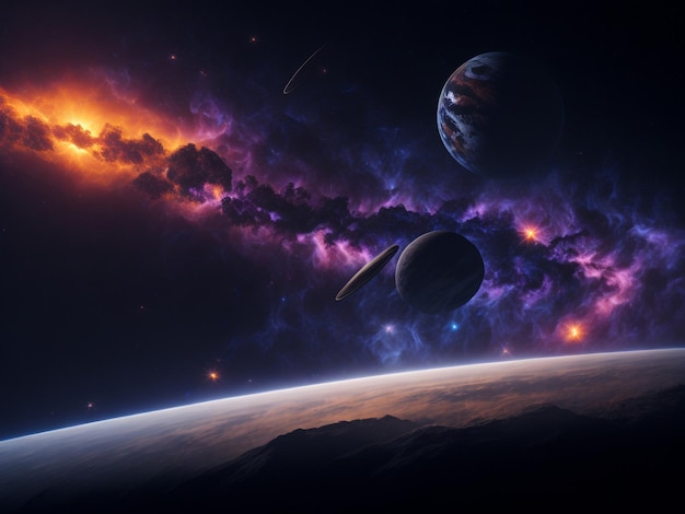 Obserwowanie planet z kosmosu ciemne tło światło kinematograficzne i słońce Malowanie sztuki koncepcyjnej