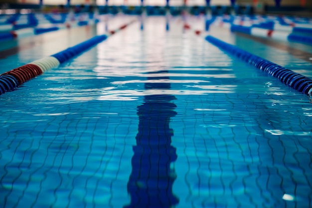 Obszar basenu olimpijskiego z pasami gotowymi dla profesjonalnych pływaków Nikt niebieski tło wody