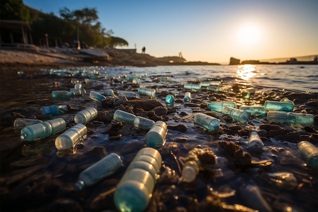 Obszar przybrzeżny usiany plastikowymi butelkami i odpadami przedstawiającymi skutki zanieczyszczenia plaży