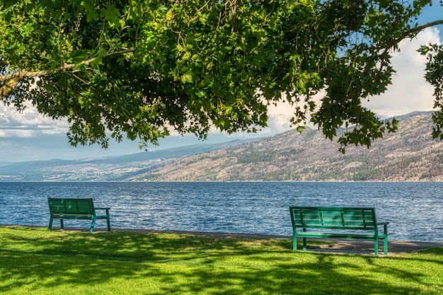 Obszar rekreacyjny wzdłuż ścieżki przybrzeżnej na jeziorze Okanagan