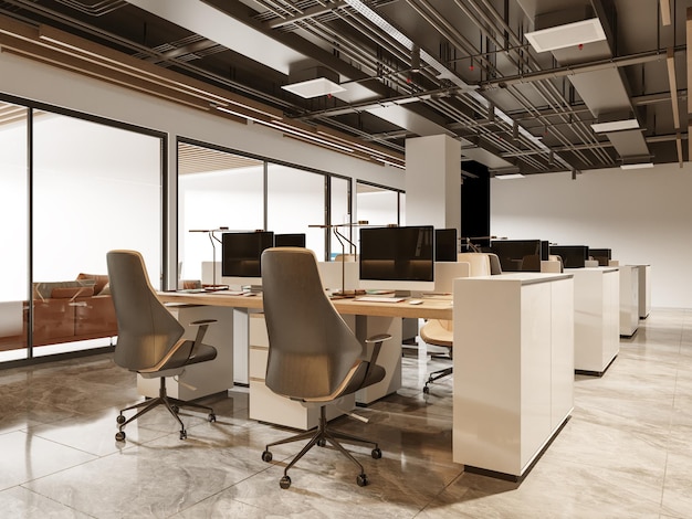 Obszar roboczy w nowoczesnym wnętrzu Open Office Workspace Rendering 3d