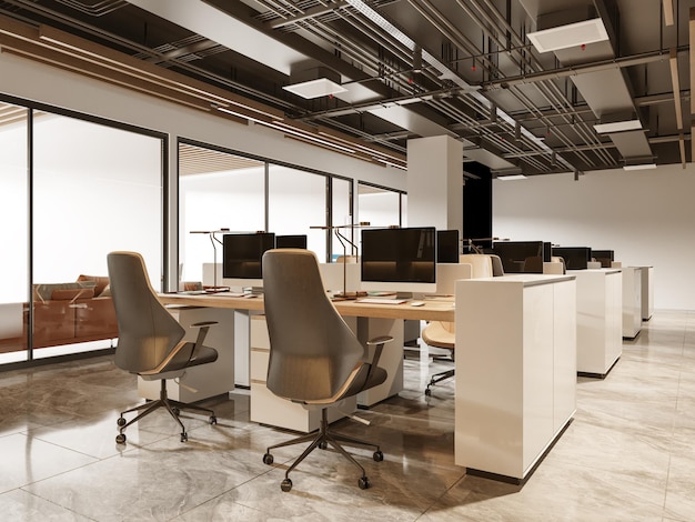 Obszar Roboczy W Nowoczesnym Wnętrzu Open Office Workspace Rendering 3d