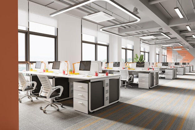 Obszar roboczy w nowoczesnym wnętrzu Open Office Workspace Rendering 3d