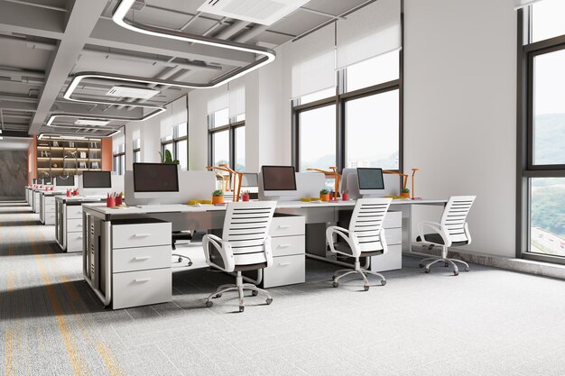 Obszar Roboczy W Nowoczesnym Wnętrzu Open Office Workspace Rendering 3d