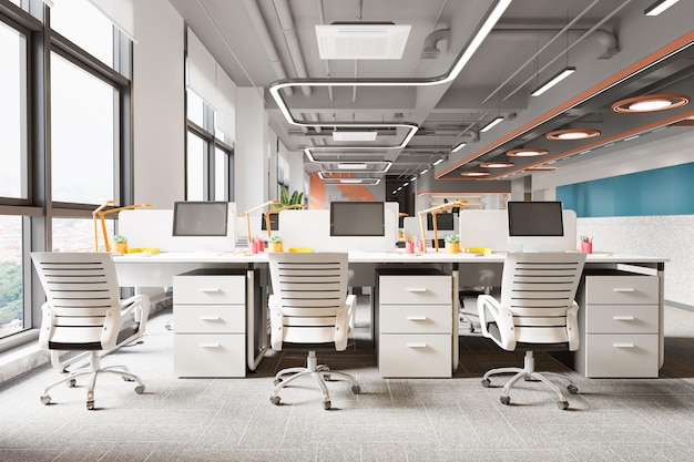 Obszar Roboczy W Nowoczesnym Wnętrzu Open Office Workspace Rendering 3d