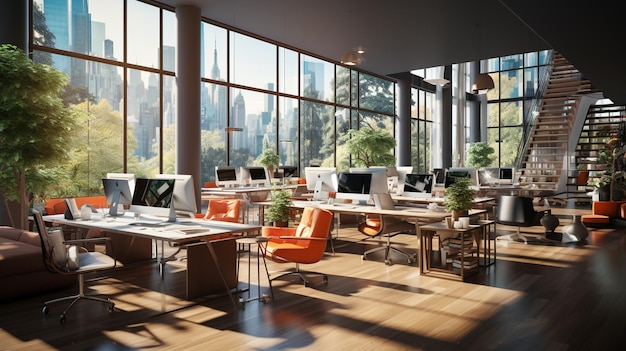 Obszar roboczy w nowoczesnym wnętrzu Open Office Workspace Rendering 3d