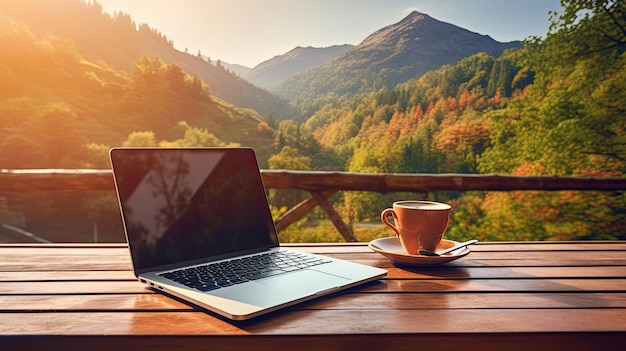 Obszar roboczy z laptopem i kawą na drewnianym stole na tle górskiej przyrody Niezależny pracownik