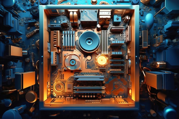 Obudowa komputera leżąca na stole Jednostka systemowa nowoczesnego komputera z podświetleniem Nowoczesne technologie komputerowe