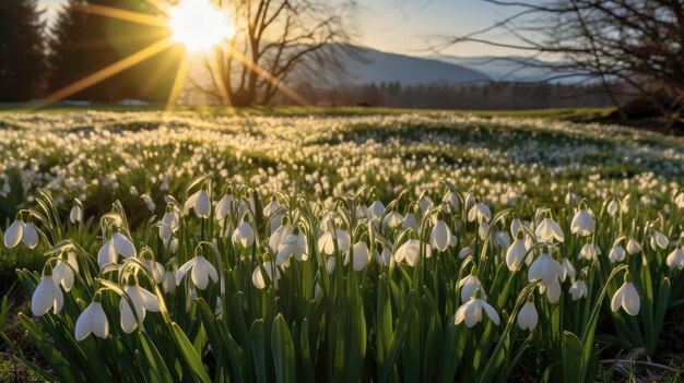 Obudź się do piękna wiosny, fascynującej panoramy kwitnącej łąki ozdobionej wiosennymi kwiatami, śnieżkami i krokusami kąpanymi w łagodnym porannym słońcu.
