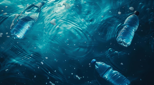 Ocean i butelki pływające pod wodą w brudnej wodzie dla świadomości tła i projektowania plakatów