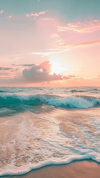 ocean i plaża ze wschodem słońca w tle w stylu uzależnienia od popu