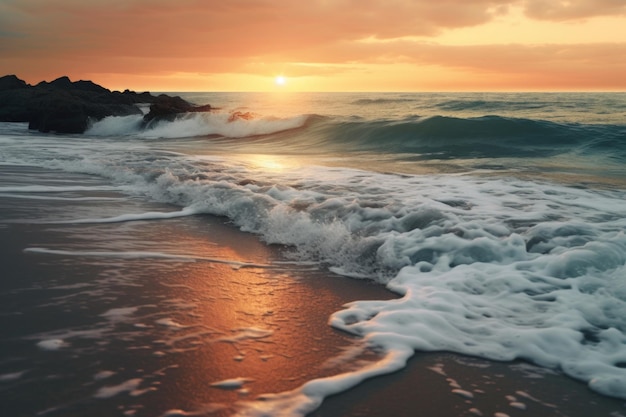 Ocean latem wpada na plażę w złotej godzinie