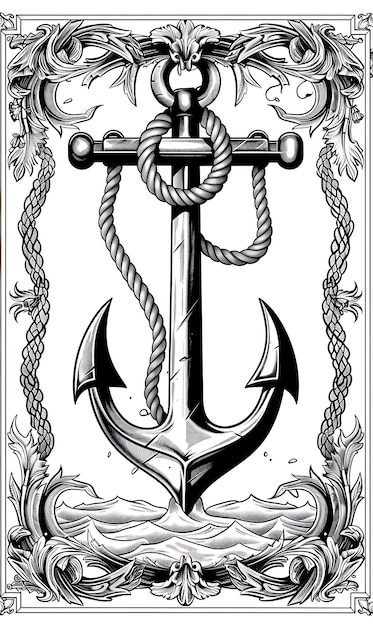 Ocean Postcard Design With Nautical Frame Style Design Decor Outline Scribble CNC Tattoo Ink Art