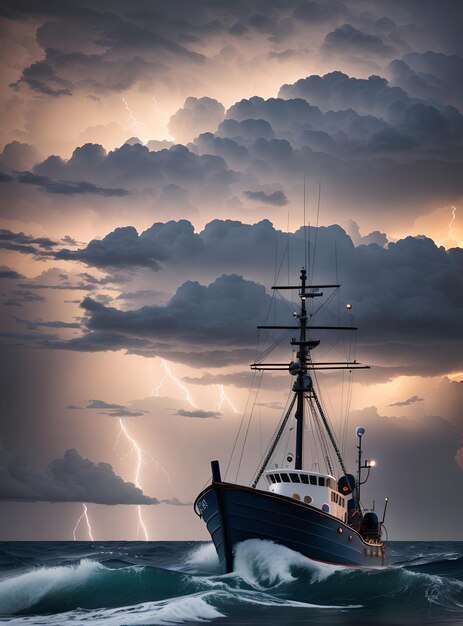 Ocean się trzęsie. burza w oceanie, burza z piorunami, błyskawice, chmury, błyszczące niebo