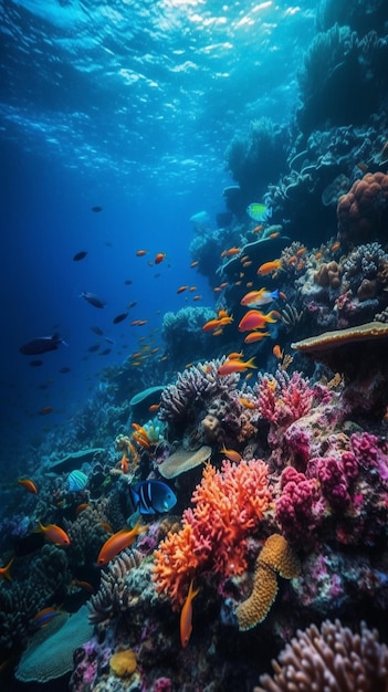 Ocean to rafa koralowa otoczona rybami.
