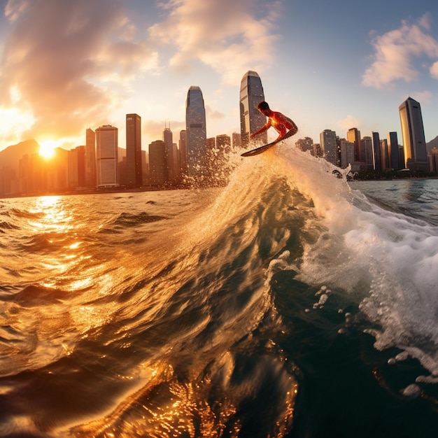 Ocean wave skim surf board surfing sunset wallpaper AI generowana sztuka