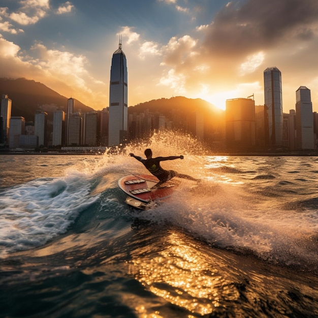 Ocean wave skim surf board surfing sunset wallpaper AI generowana sztuka