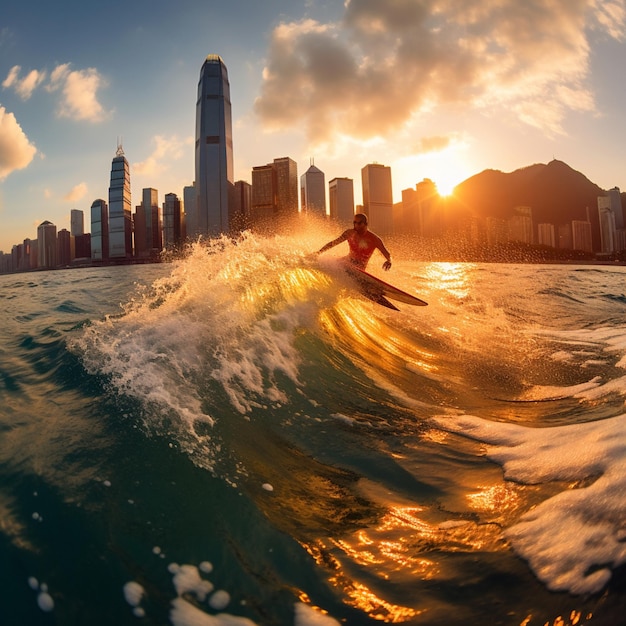 Ocean wave skim surf board surfing sunset wallpaper AI generowana sztuka