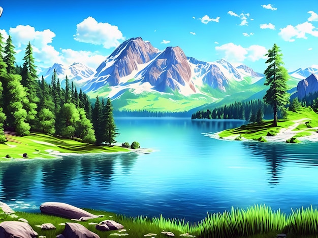 Zdjęcie ocean, wzgórza, chmury i drzewa, ilustracja, natura, krajobraz, tło, ai