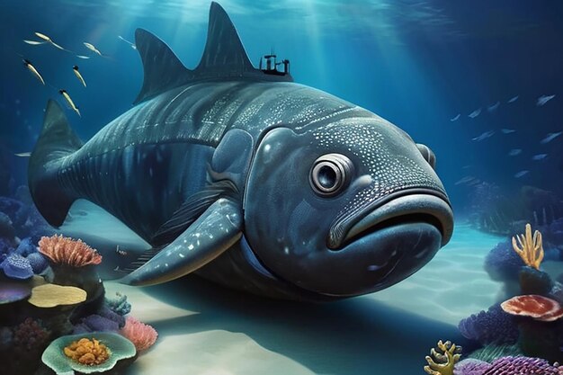 Ocean z kreskówek i syrena w podwodnym królestwie pływające z rybami dzieci