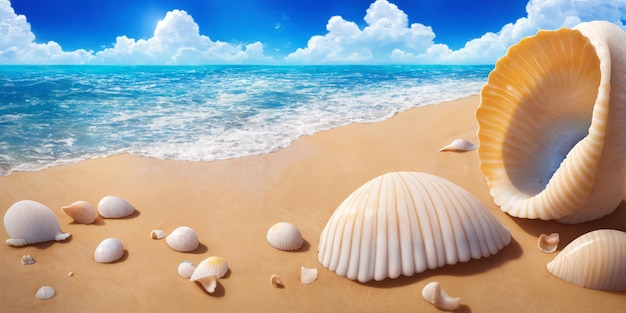 Oceaniczna plaża w słoneczny dzień z jedną dużą i kilkoma małymi muszlami Ilustracja pejzażu morskiego z falami piaszczystej plaży turkusowa woda i niebo z białymi chmurami Generacyjna sztuczna inteligencja