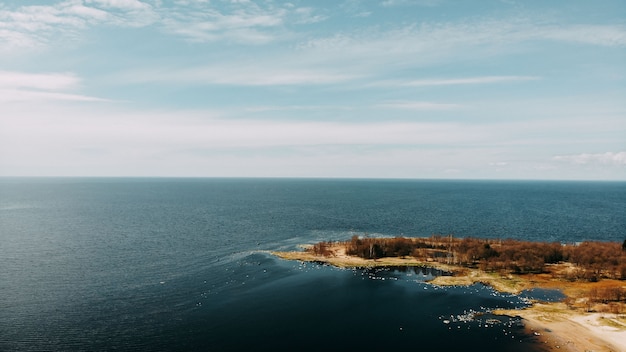 Oceanu brzeg widok od quadcopter, piaska i skał na dennym wybrzeżu. Karta dnia oceanu. Widok z góry brzegu oceanu