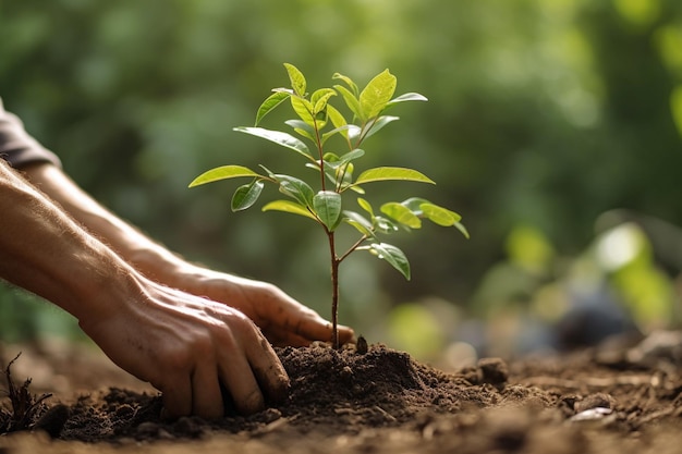 Ochotnik sadzi nowe drzewo w ziemi w miejskim ogrodzie za pomocą generatywnej sztucznej inteligencji